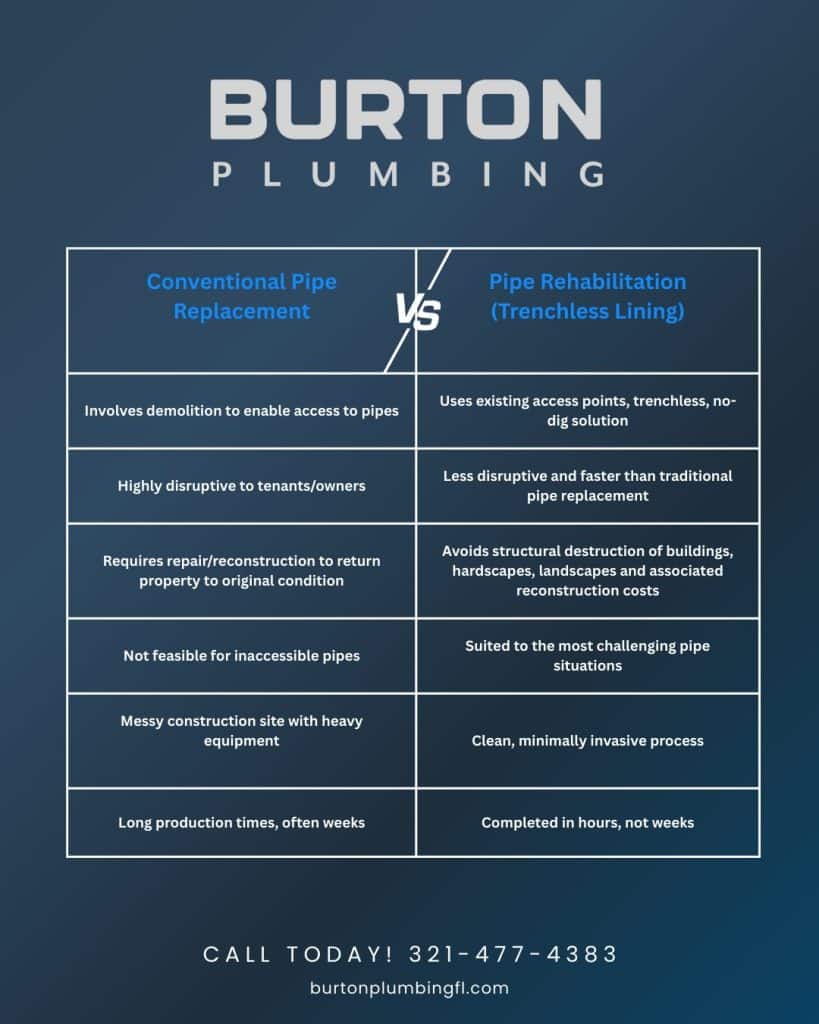 Comparison chart showing the difference between conventional pipe replacement and trenchless pipe lining. Highlights benefits of NuFlow technology: no digging, faster completion, and no damage to floors or driveways.
